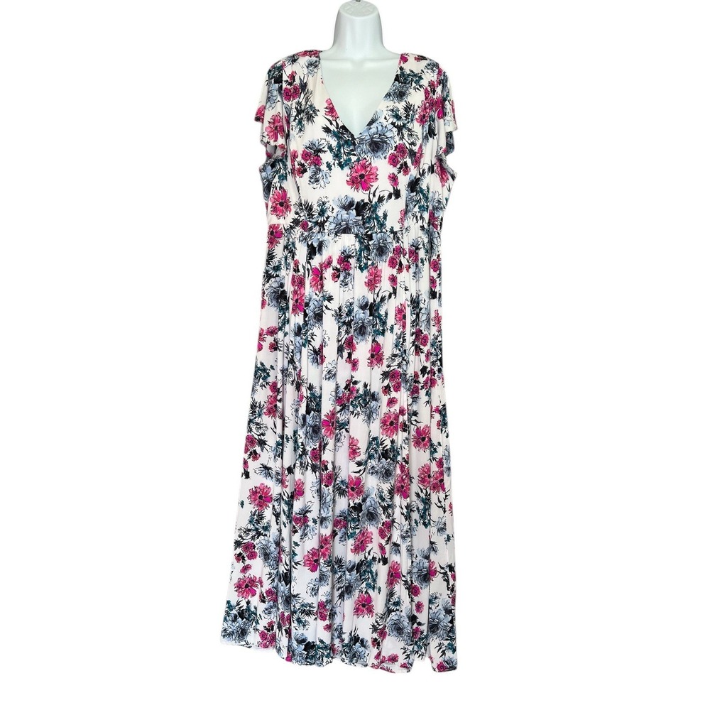 Torrid Maxi Dress Sz 2X White Pink Floral Cap Sleeve Empire Waist